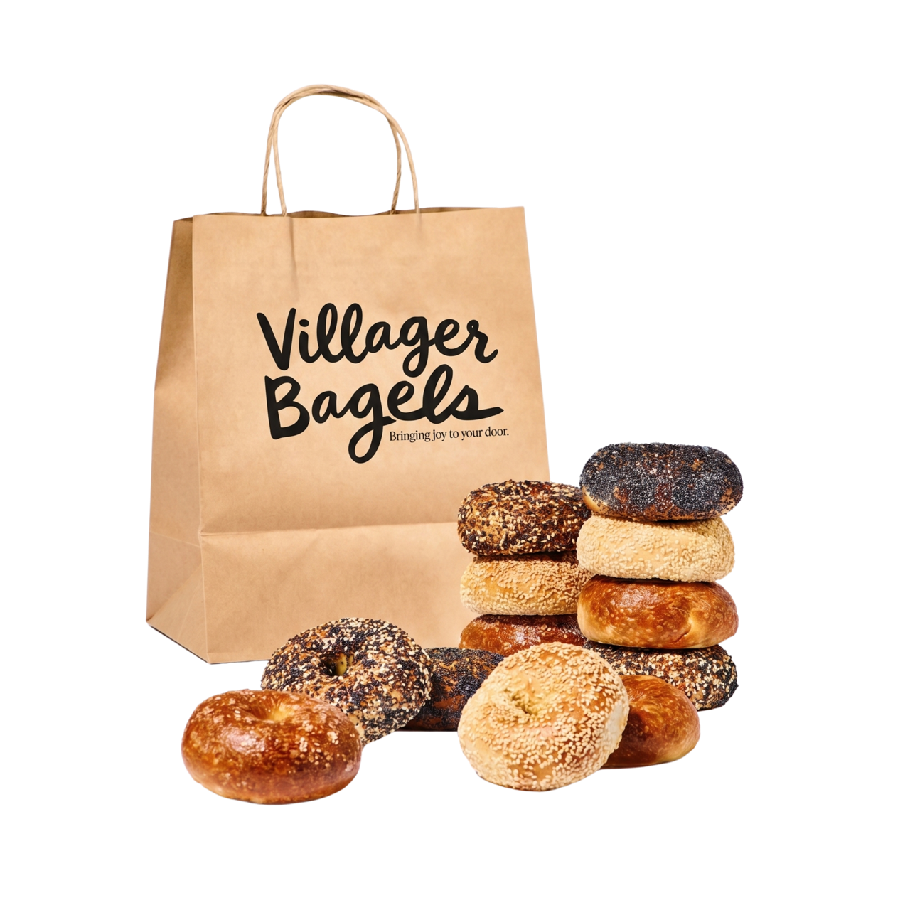 Villager Bagels paper bag with a stack of fresh bagels